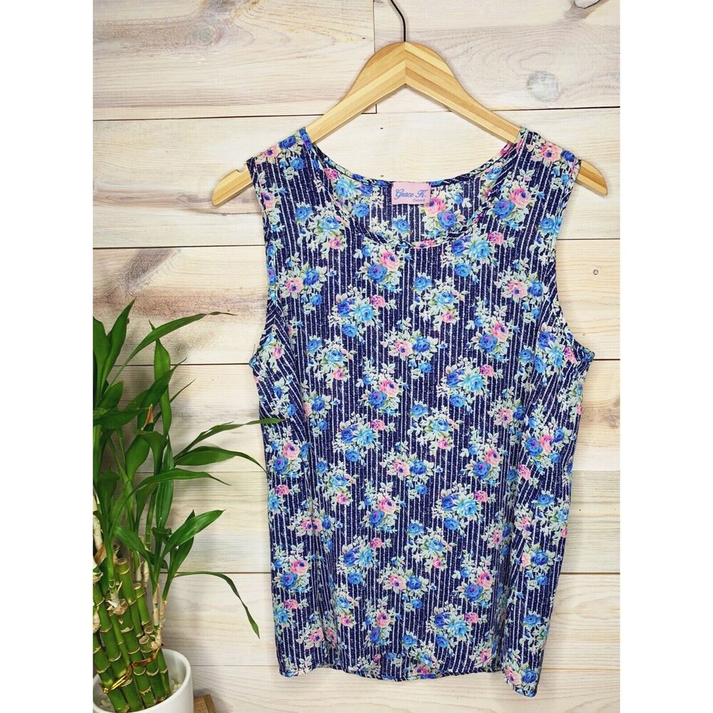 Navy Floral Sleeveless Tank Top with Vertical Stripes